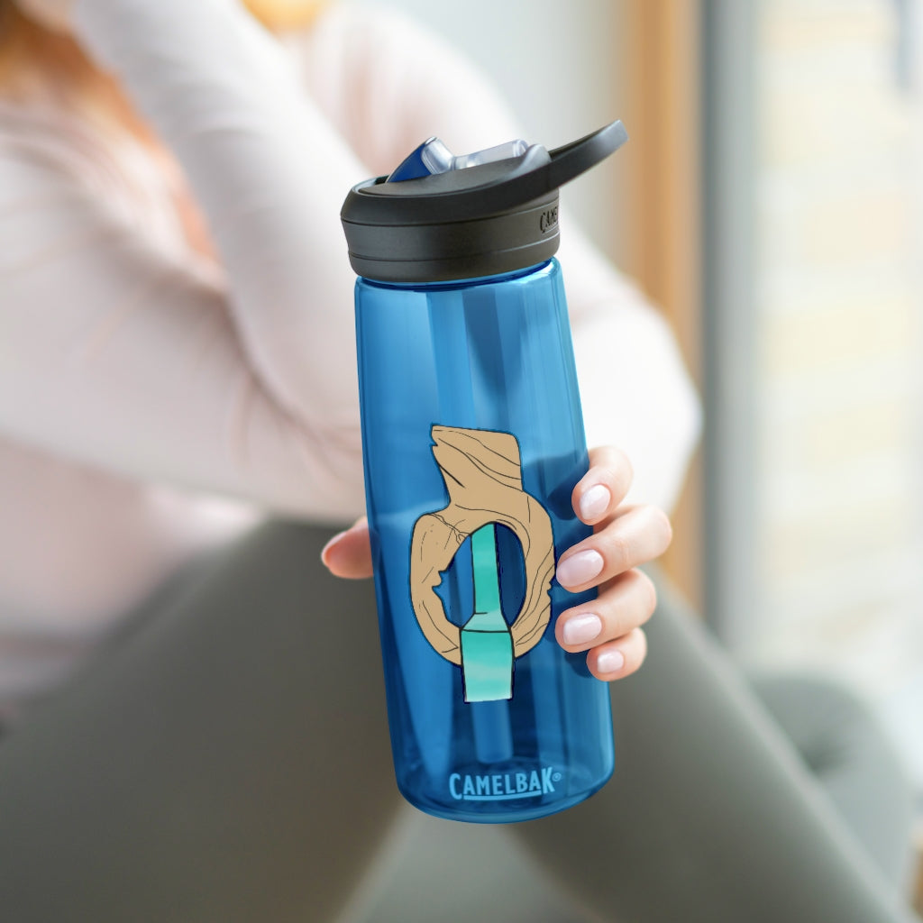 CamelBak Eddy® Water Bottle in Rock with Water design, available in 20oz and 25oz sizes, featuring a spill-proof biting valve and easy-carry handle.
